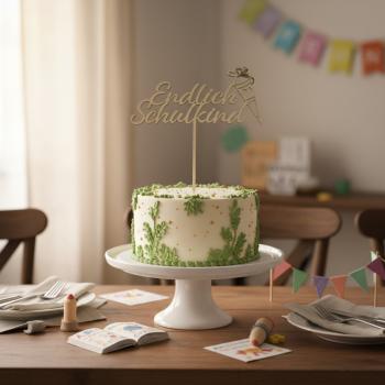 Holz‑Caketopper aus 3 mm Birkensperrholz mit Schriftzug „Endlich Schulkind“ und Schultüte